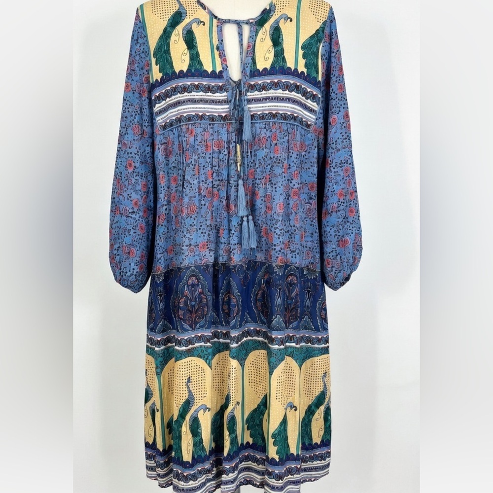 Bohemian Long Sleeve Dress in Blue and Yellow Peacocks S